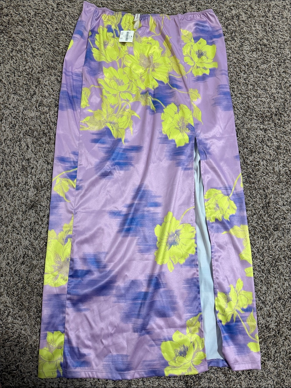 Anthropologie Lilac Floral Satin Maxi Skirt with Yellow Bloom